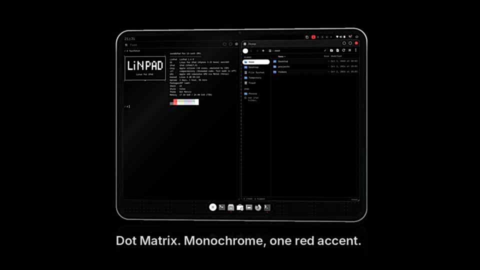 LinPad OS development desktop showing a Linux terminal and file manager in the Dot Matrix style