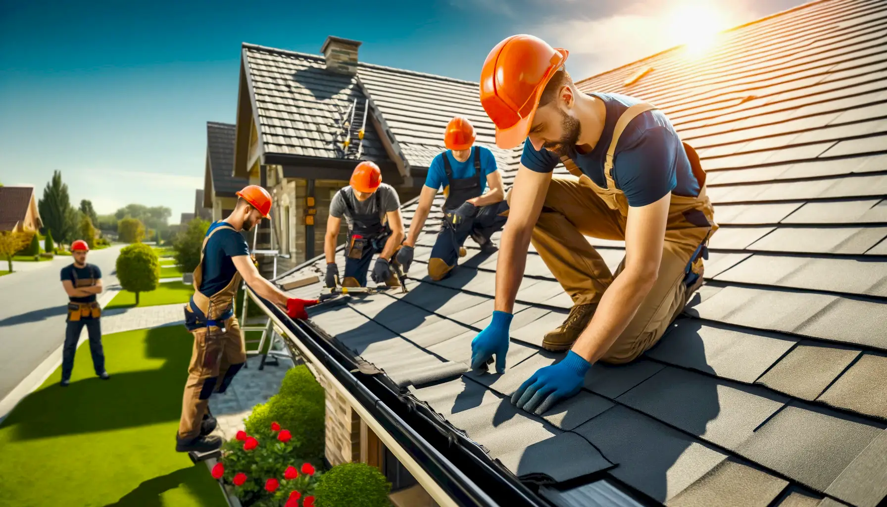 London roofer working on a pitched tile roof with city skyline visible, professional residential roofing repair
