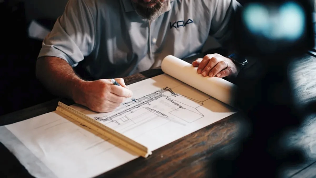 Architect reviewing detailed building plans and blueprints spread across a professional London studio desk